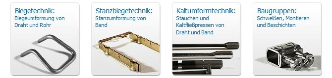 Biegeumformung von Draht, Stanzumfohrmung von Band, Stauchen und Kaltfließpressen, Schweißen, Montieren und Beschichten von Baugruppen